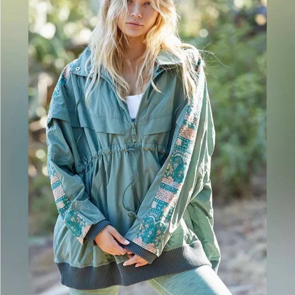 Free People Movement She Fly Anorak hooded Windbreaker with Patterned Sleeves